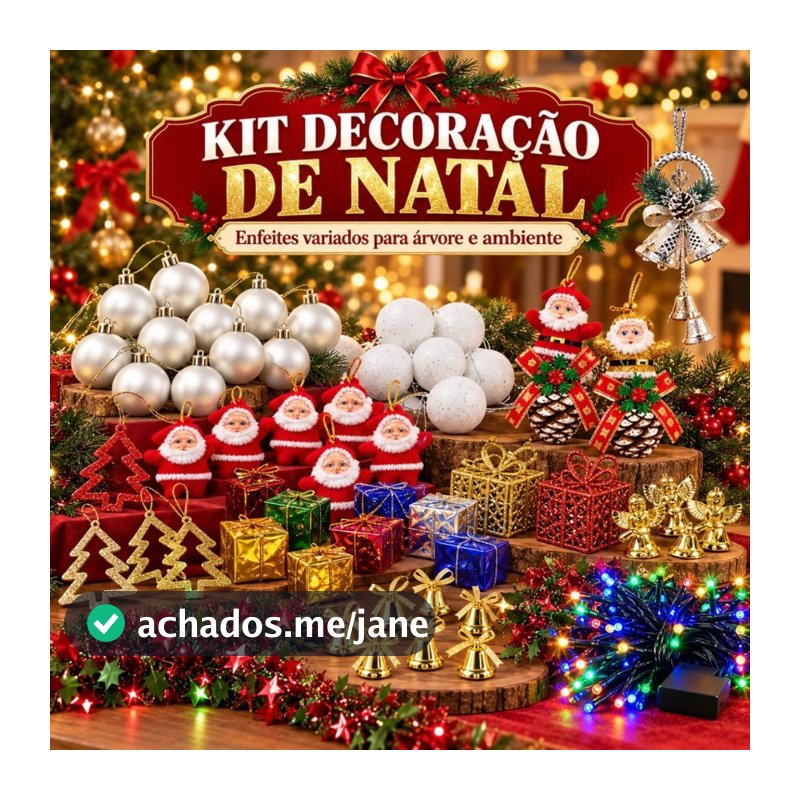 Kit 69 Peças Completo Enfeites de Natal para Árvore com Bolas Papai Noel Anjos Sinos Festão e Pisca-Pisca Natalino