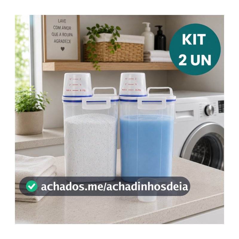 Kit 2 Potes Herméticos 2L Lavanderia Copo Medidor Bico Dosador Porta Sabão em Pó Amaciante Produtos de Limpeza