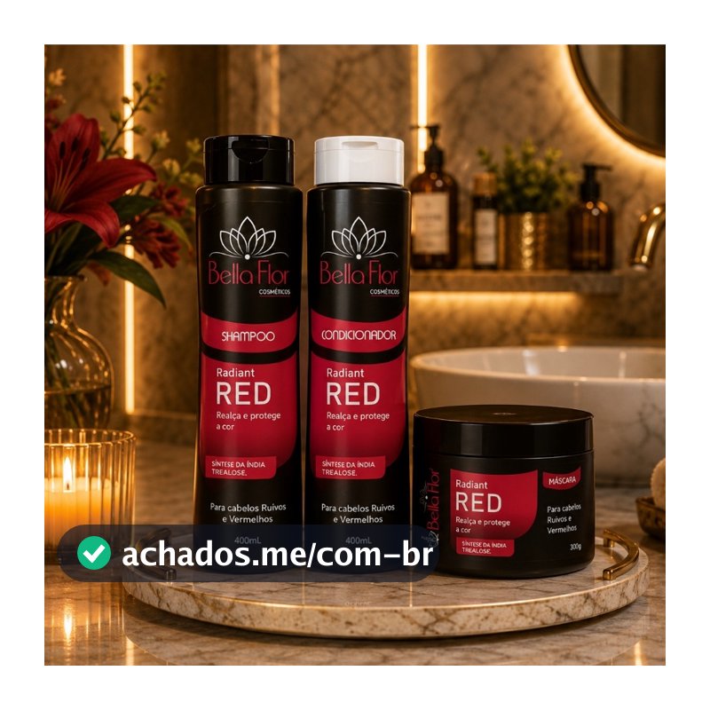 Kit Capilar Radiante Red 3 Produtos Shampoo Condicionador Máscara Bella Flor Ruivos Brilho Profissional