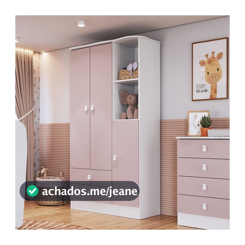 Guarda-Roupa de Bebê 3 Portas 2 Gavetas Baby Rosa/Branco Branco/Rosa