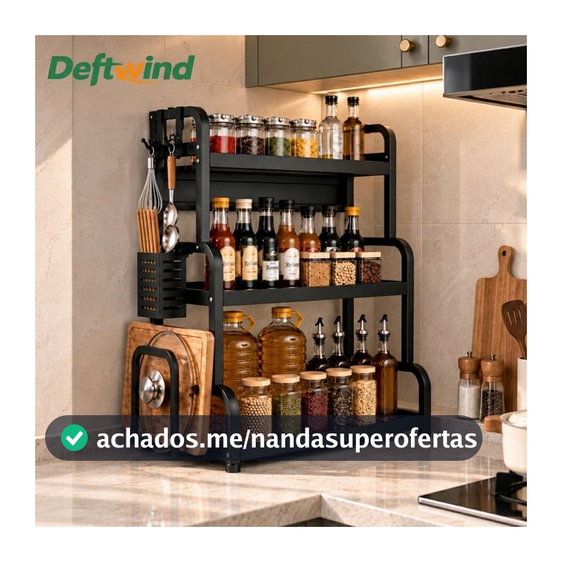 Organizador de Cozinha 3 Andares em Aço Carbono, Porta Temperos Multifuncional para Bancada com Suporte para Utensílios
