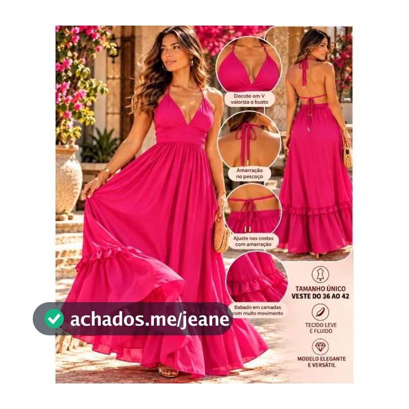 Vestido Longo Feminino Pink Verão Decote V Frente Única Costas Abertas Babados Elegante