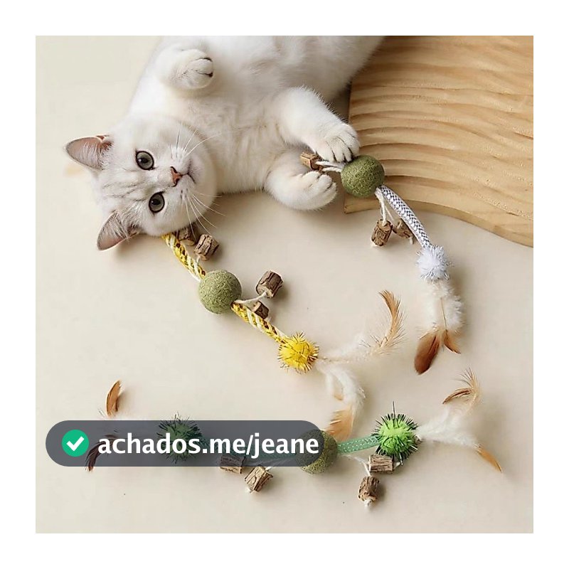 Brinquedo de Corda c/ Penas e Esferas p/ Gatos – Resistente a Mordidas, Auto-Diversão – Envio Nacional