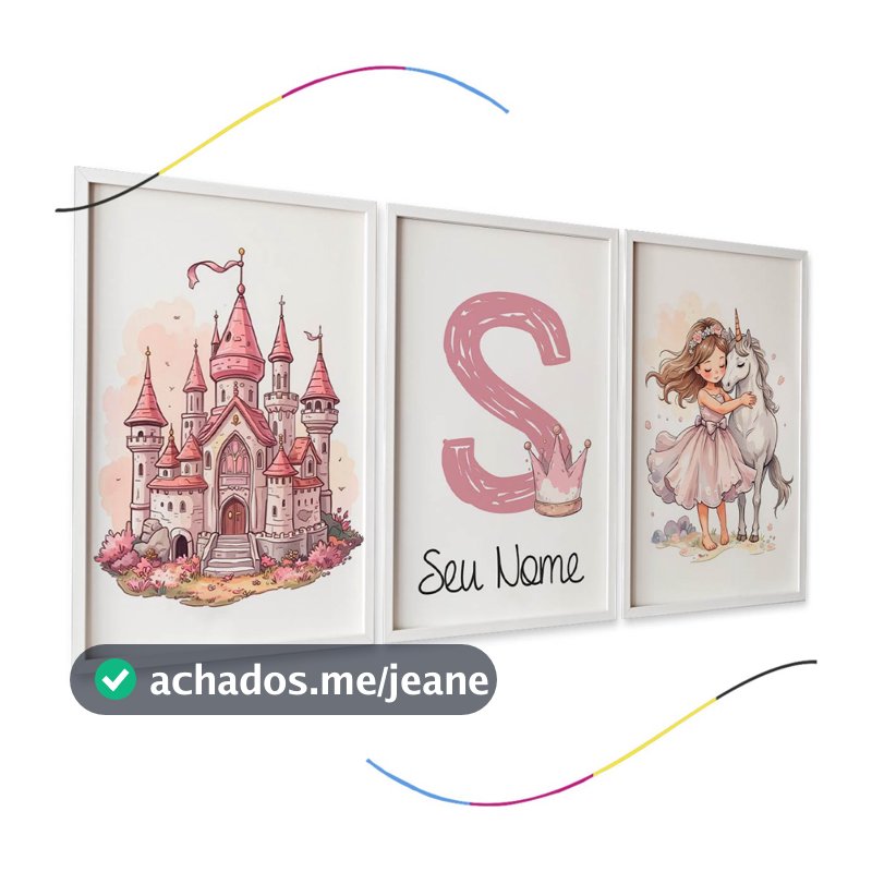Quadros Decorativos Infantis, Castelo Rosa, Inicial com Coroa e Unicórnio, 3 Peças, Personalizável