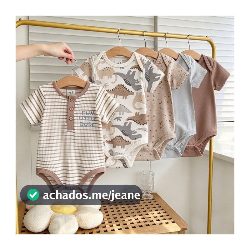 Conjunto de 5 peças de macacão para bebê algodão diversas cores disponíveis série de dinossauros listrada