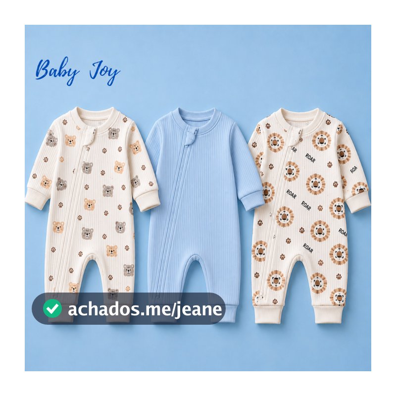 3 Macacões Roupa de Bebê Menino Menina Canelado Vira Pé com Proteção de Zíper RN ao G