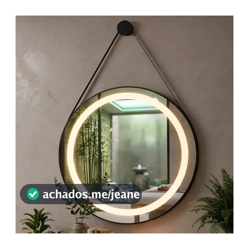 Espelho Redondo com LED 3 Cores Adnet com Moldura em Couro Jateado 40 a 80cm Touch Com Suporte