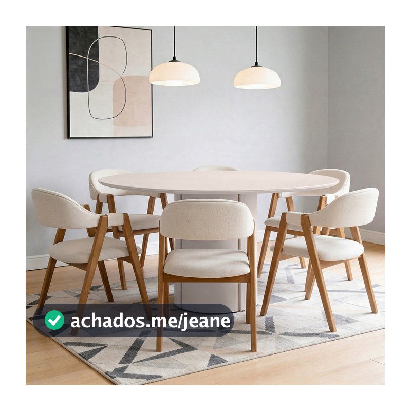 Mesa Redonda Tampo de Vidro Verbena 135cm Off White N01 com 6 Cadeiras Nadja Linho Cru - Lyam Decor