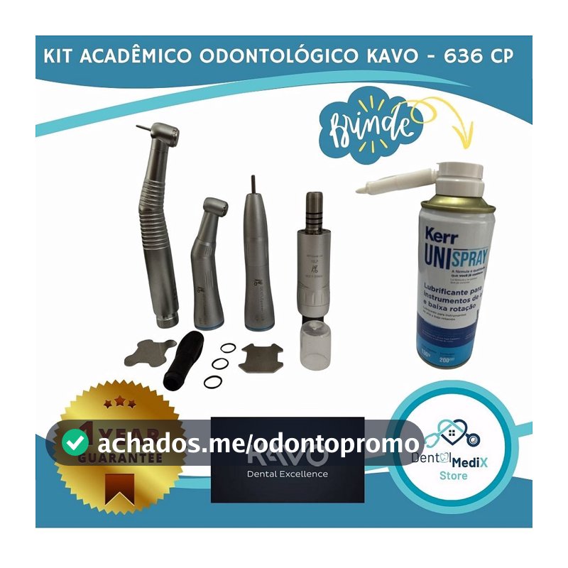 KIT ACADEMICO ODONTOLOGICO SÉRIE 636 CP COM LED + UNISPRAY KERR - Peças de mão Odonto