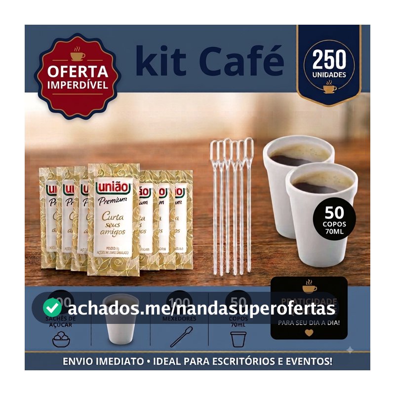 Kit c/ 100 sachês de açúcar União Premium + 100 mexedores descartáveis + 50 copos térmicos de 70ml