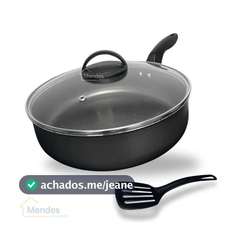 Frigideira Alta Funda Grande 24 cm Antiaderente Teflon com Tampa de Vidro e Espátula Nylon
