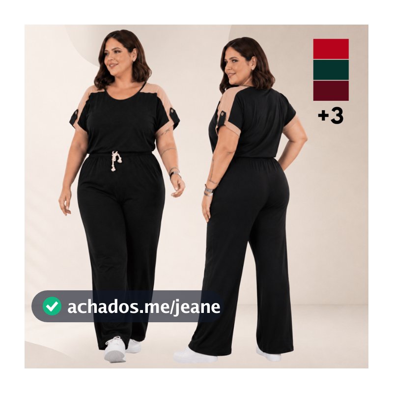 Conjunto Plus Size Feminino Calça Pantalona e Blusa Bicolor Manga Curta Casual Elegante