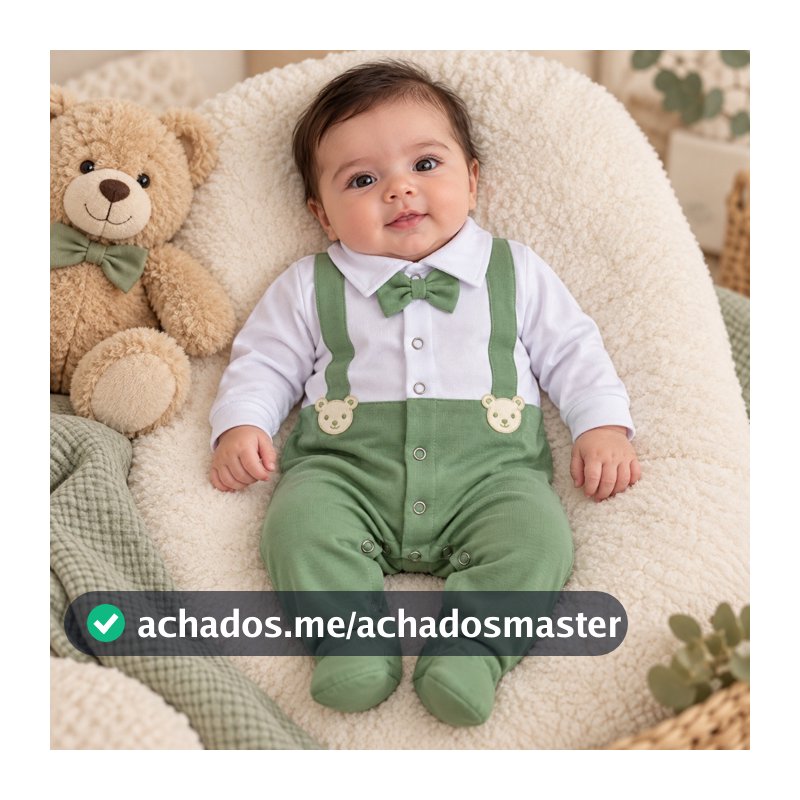 Lindo macacão bebê em malha 100% algodão antialérgico e macio Fabio Verde