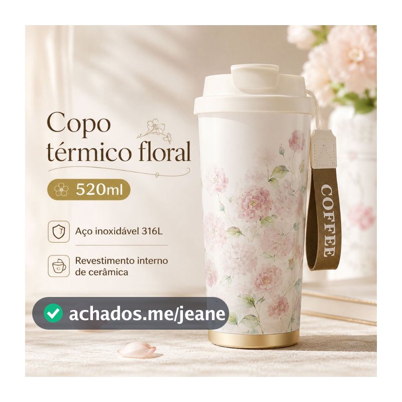 Copo Térmico de Café 520ml com Alça Aço Inox e a Vácuo conserva Quente e Frio Floral.