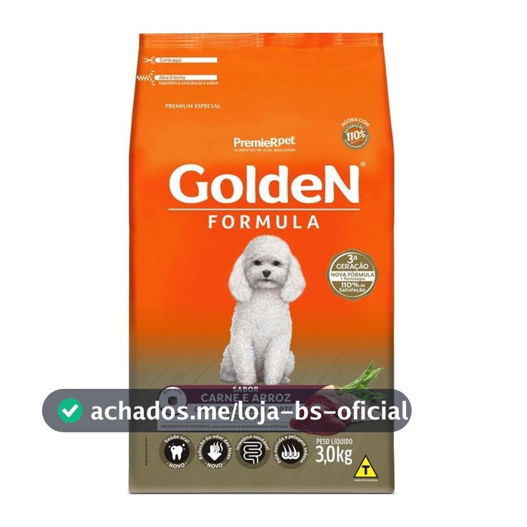 RAÇÃO GOLDEN FORMULA CÃES ADULTOS PORTE PEQUENO CARNE E ARROZ 3KG