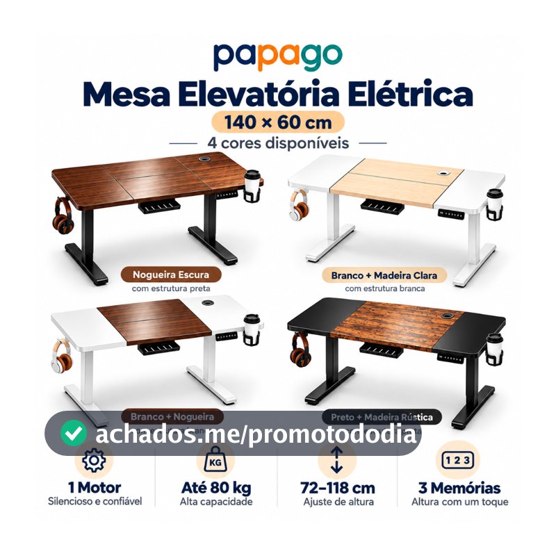 Mesa Elevatória Elétrica 140x60cm 1 Motor 80kg Altura Ajustável 72-118cm 3 Memórias Papago