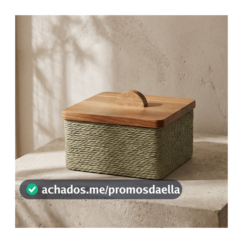 Caixa Decorativa Corda Trançada Verde Madeira 16x11cm Cesto Estilo Boho Minimalista Luxo Premium