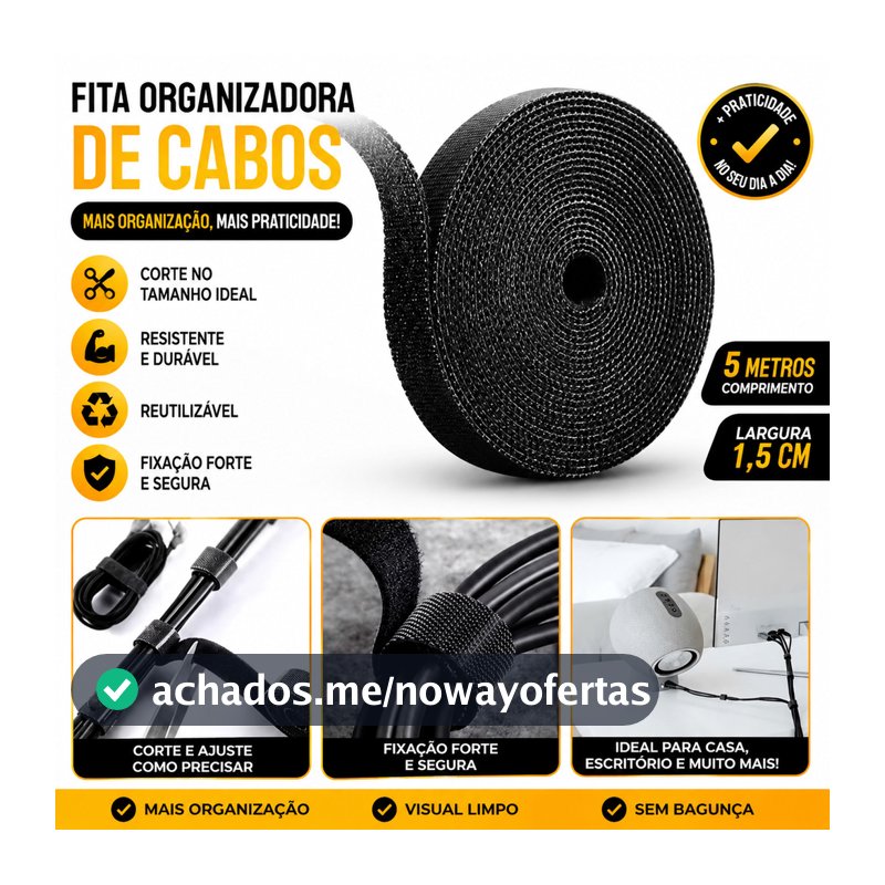 Rolo Fita Organizador de Cabos Velcro 3 Metros x 12mm Reutilizável Abraçadeira Multifuncional para Fios TV PC Escritório