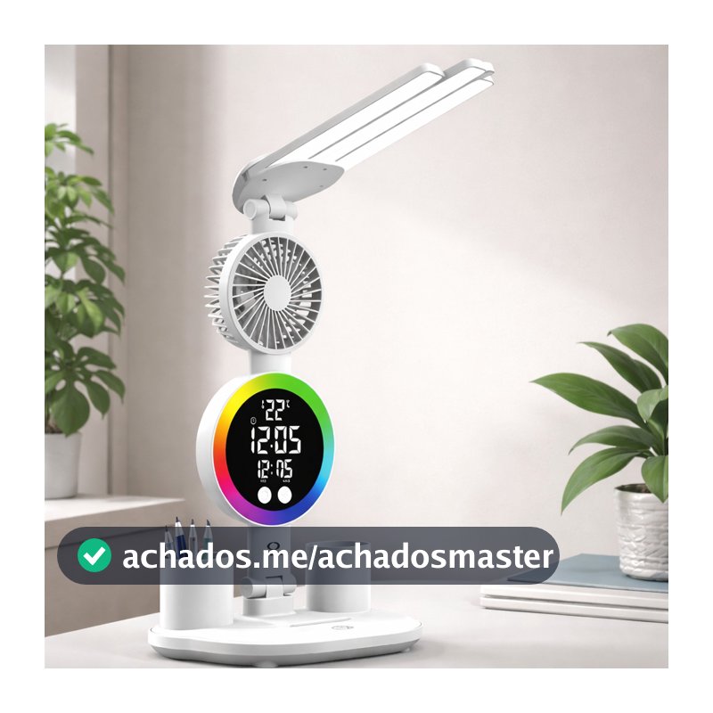 Luminária de Mesa Touch com Ventilador Display Digital Relógio Alarme USB Ajustável 180° 3 Modos de Luz ON-LM312