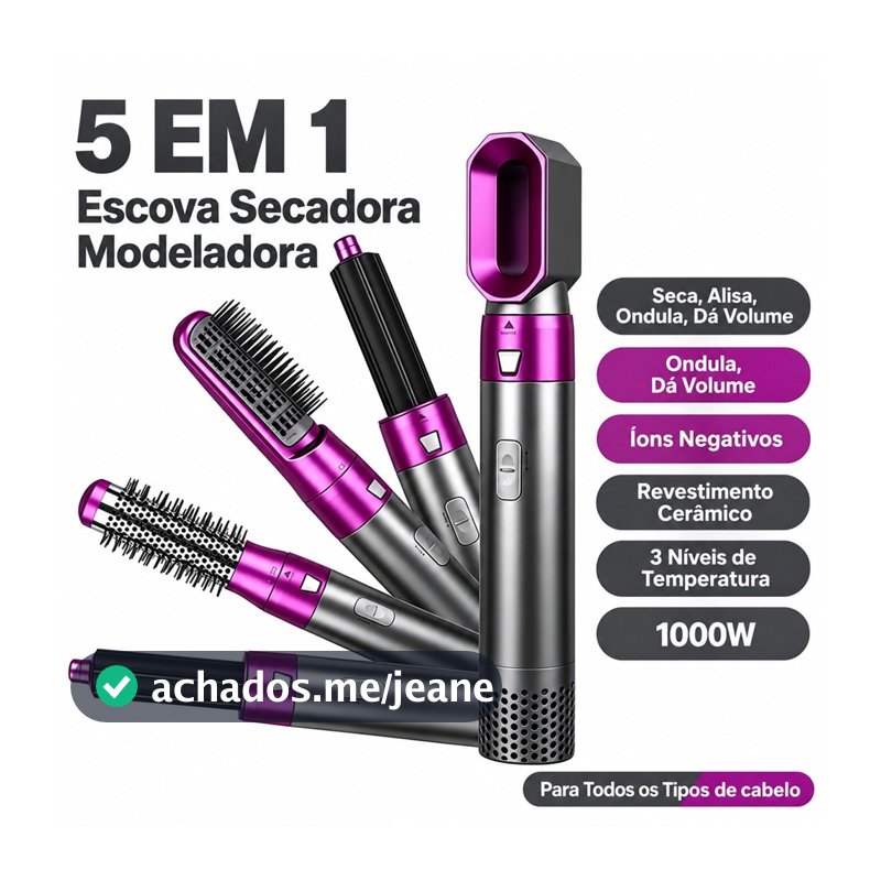 Escova Profissional Para Secador De Cabelo Com Ar Quente 5 Em 1 110V,Pente,Modelador,Aumenta Volume Janoclick
