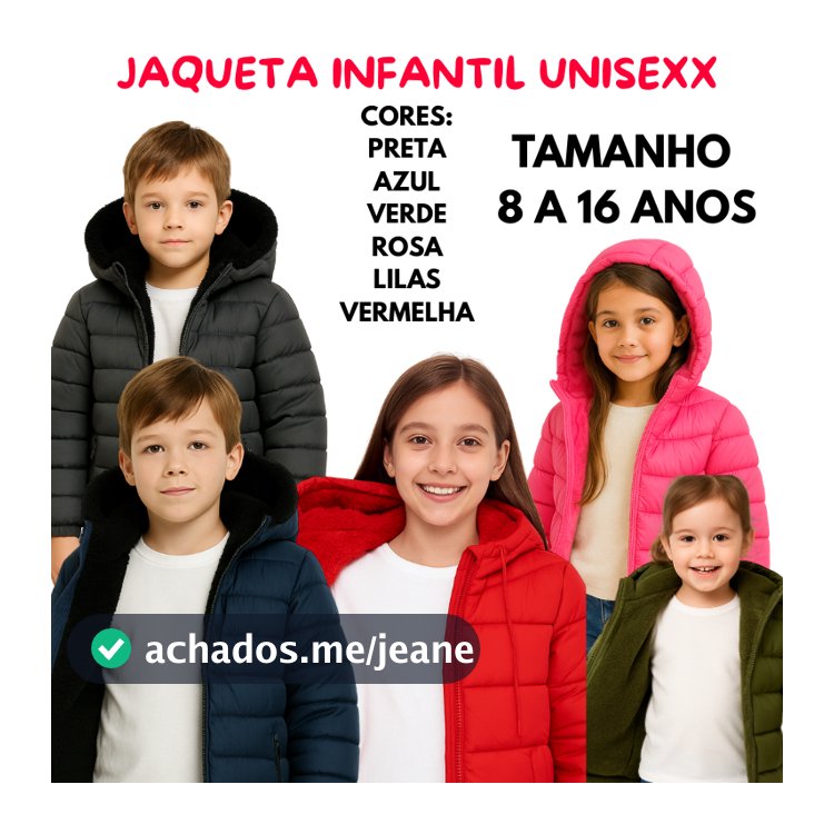 Jaqueta Infantil Juvenil Puffer Forrada Pelúcia COM Capuz BLUSA DE Frio 4 a 18 ANOS UNISEXX VERMELHA PRETA VERDE AZUL
