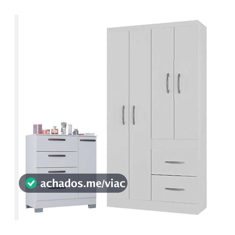 Cômoda 868 4 Gavetas E 1 Porta Com Guarda Roupa Solteiro Milão 4 Portas Branco Brilho - Poquema