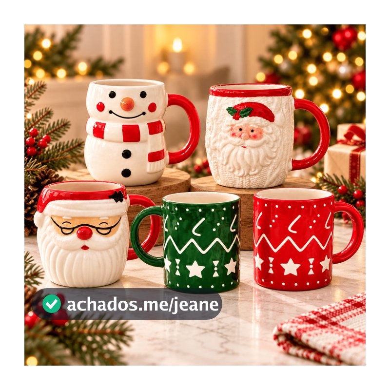 Caneca de Cerâmica Natalina com Alça, Estampa Papai Noel e Boneco de Neve Decoração Natal