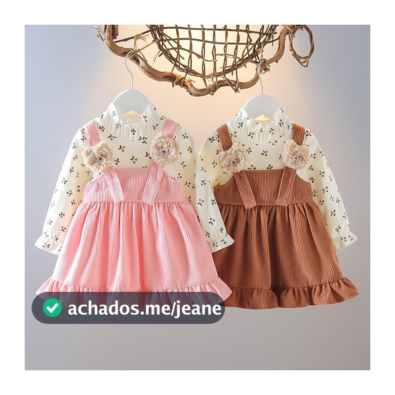 Vestido De Manga Comprida Estampado Cereja Para Bebê Menina Urso Fofo Falso De Duas Peças Roupas Infantis De Outono