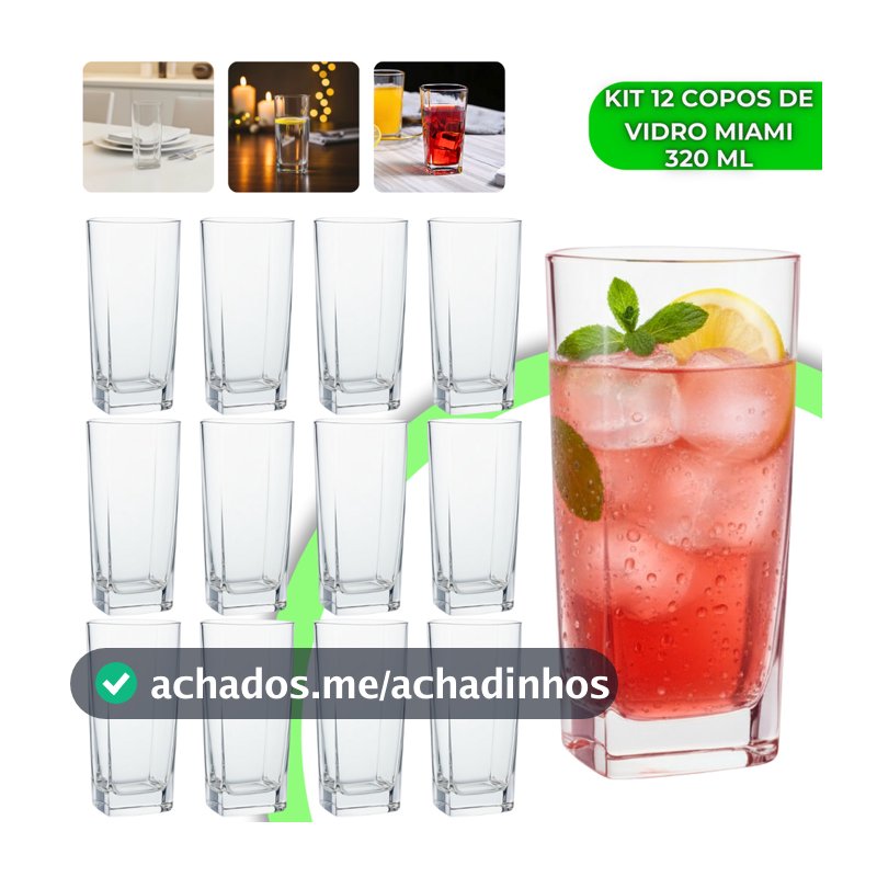 Jogo 12 Copos Miami 320ml Vidro Grosso Moderno Luxo Elegante Quadrado Alto Texas Bali Água Drink