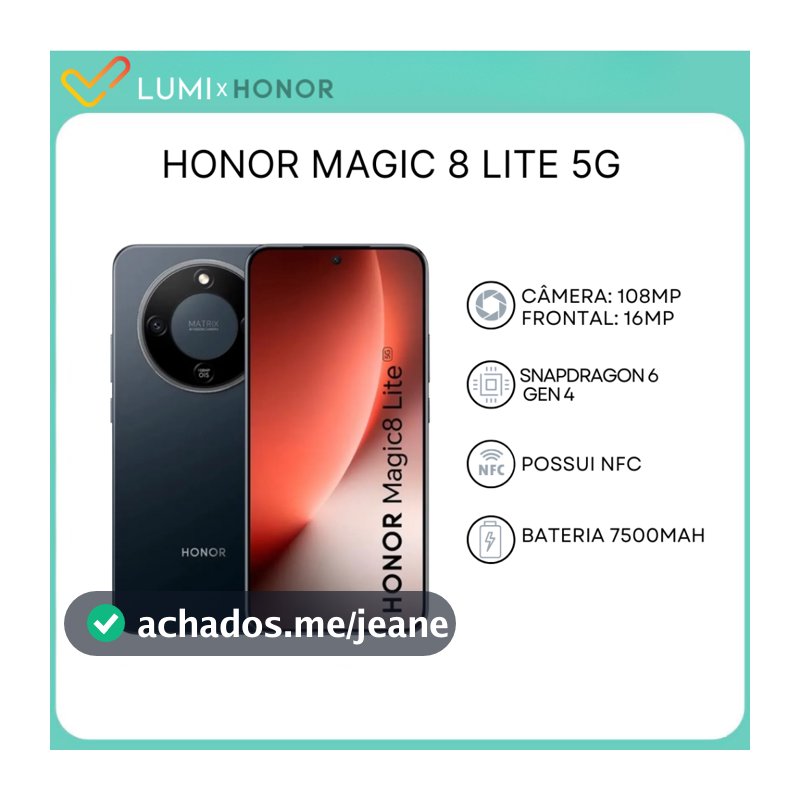 Honor Magic 8 Lite 5G, 512GB/8GB RAM, Versão Global, Processador Snapdragon Snapdragon 6 Gen 4, Bateria 7500mAH