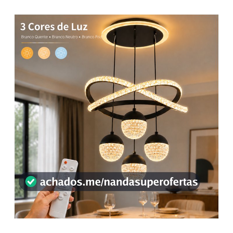Lustre LED de Cristal Preto Luxo Bivolt 110V-220V 3 Cores com Controle Remoto para Sala e Quarto