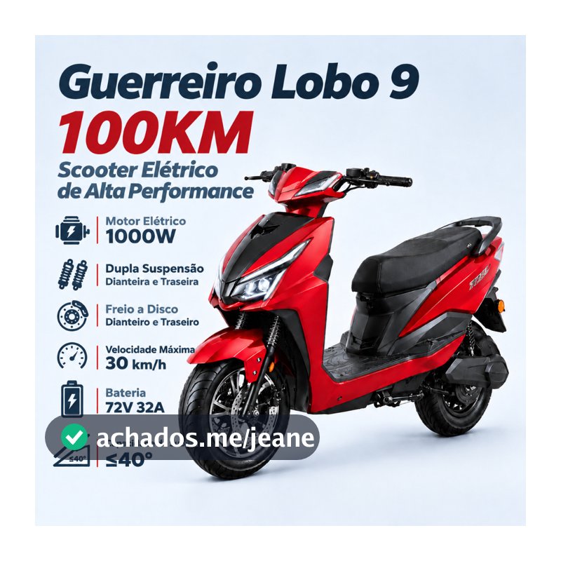 Moto Scooter Elétrica Guerreiro Lobo 9, Bateria Lítio 72V 30A, Motor 800W, Amortecedor Duplo, Freio a Disco Duplo, Auton