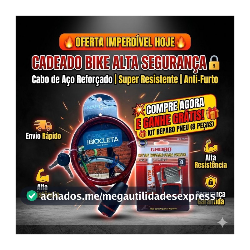 Corrente Cadeado Trava Chave para Bicicleta Aço Bike 80x1,2 cm + BRINDE