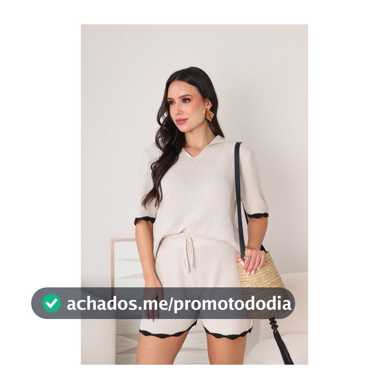 Conjunto Feminino em Tricot Blusa Gola Polo Manga Curta e Short Ajuste Cordão Moda Férias Verão