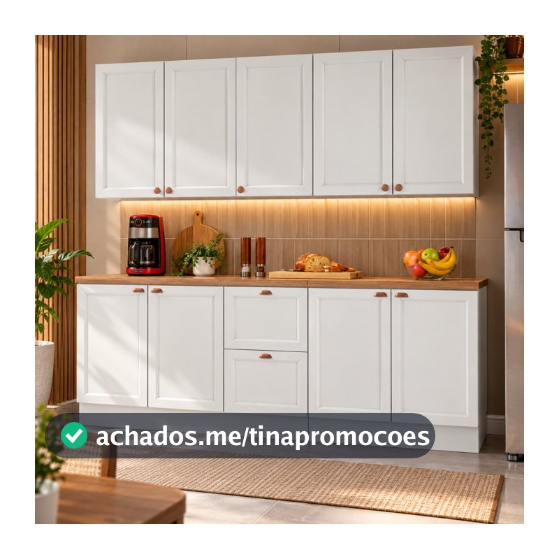 Cozinha Modulada Olivia 9 Portas 2 Gavetas 4 Peças Portas em MDF Balcões Tampo 200 cm Poliman Móveis
