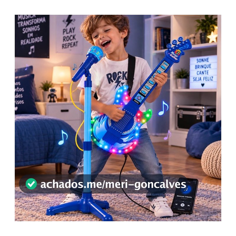Guitarra Infantil com Microfone e Pedestal Karaokê MP3 Azul Brinquedo Musical Presente Dia das Crianças