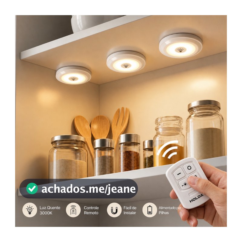 Kit 3 6 9 Spot Led Sem Fio Com Controle Remoto Luz Quente P/ Armario Nicho Closet Cozinha