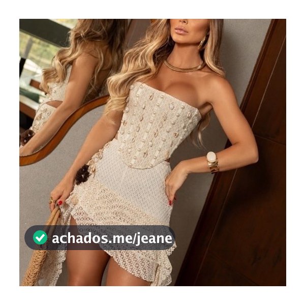 Conjunto Feminino Renda Crochê Corselet e Mini Saia Franjas Off White