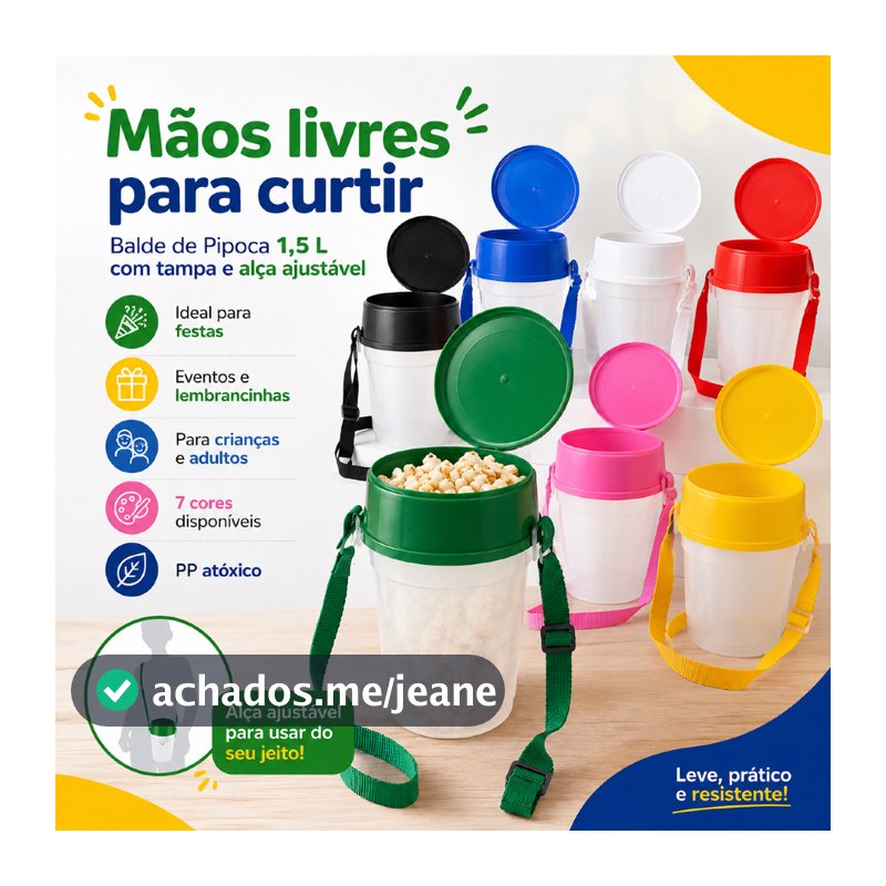 Balde Pipoca Com Tampa E Alça Colorida 1,5l Personalizavel