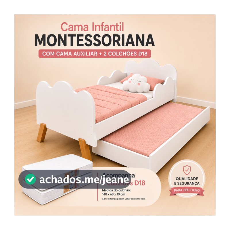 Cama Infantil Juvenil Angel Montessoriana Com Proteção Lateral E Auxiliar Sapateira + 2 Colchão D18