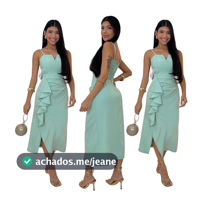 Vestido Midi em tecido Alfaiataria com detalhe de babado na lateral
