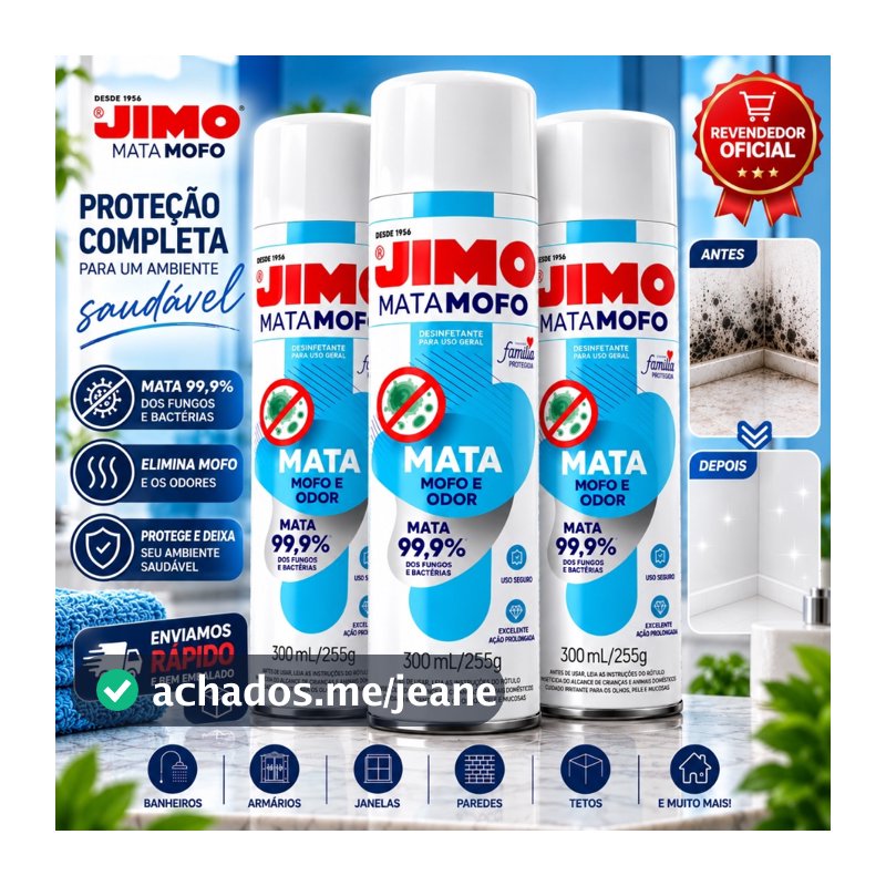 Jimo Mata Mofo Spray 300ml Anti Mofo e Bolor Desinfetante Elimina Fungos Parede Banheiro Armário Guarda-Roupa