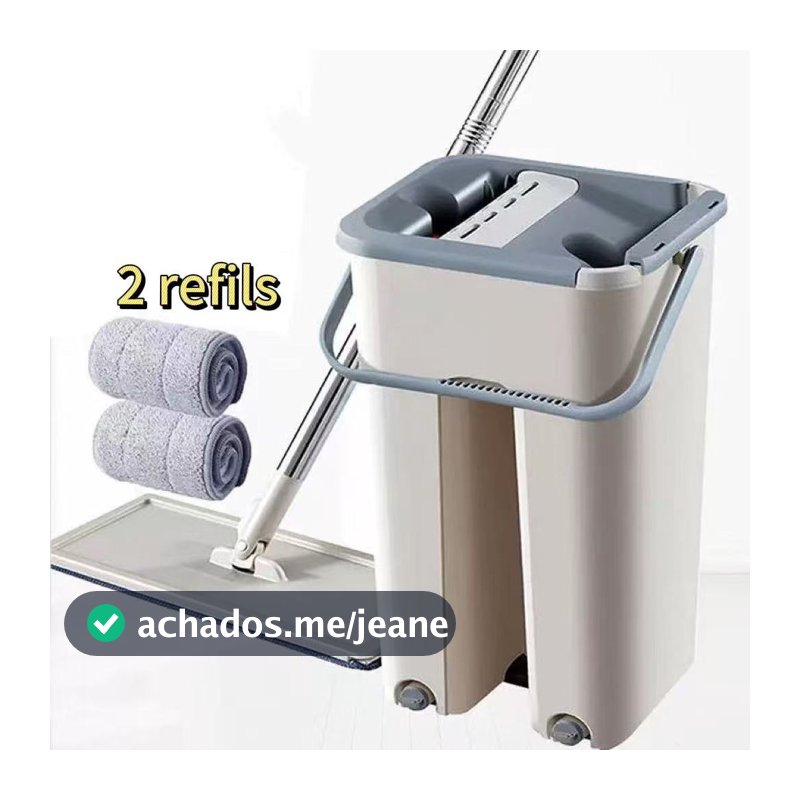 Esfregão Flat Mop com Balde,com Cabo Extensivel Inox,2 Refils giratório de limpeza Esfregão.