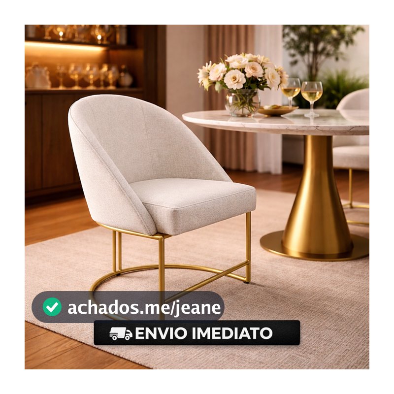 Cadeira Poltrona  Lua Mesa de Jantar VELUDO Bege Base Metálica Industrial Dourado