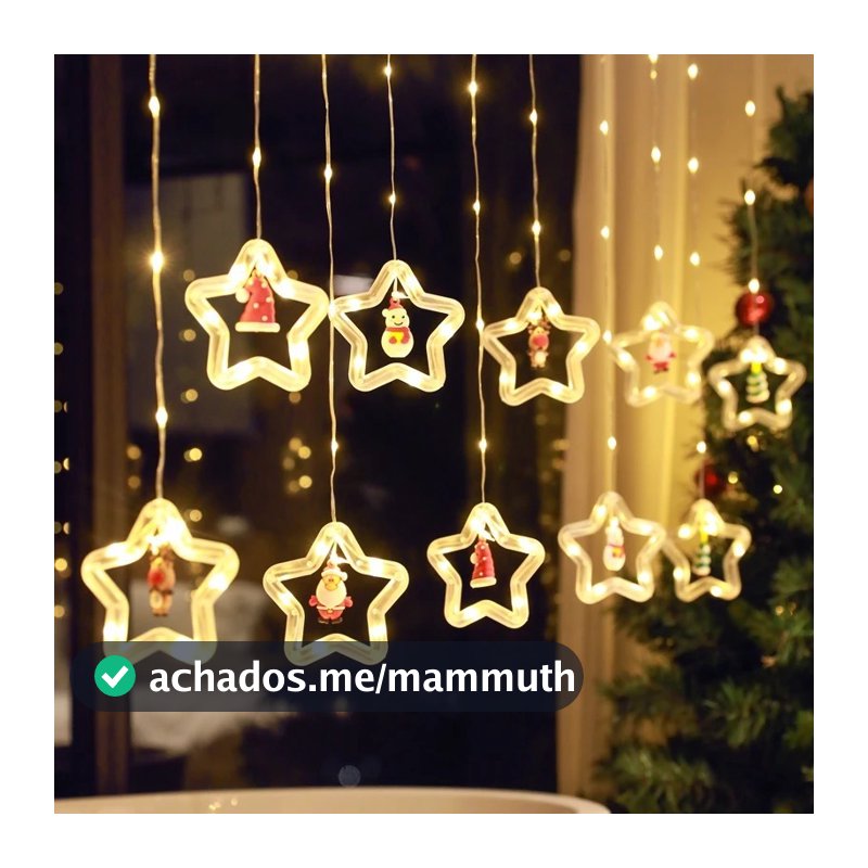 Decoração Cascata Natal Com Pisca Pisca Led Estrela Lua Papai Noel Neve Luz Branco Quente Sacada BIVOLT -O1