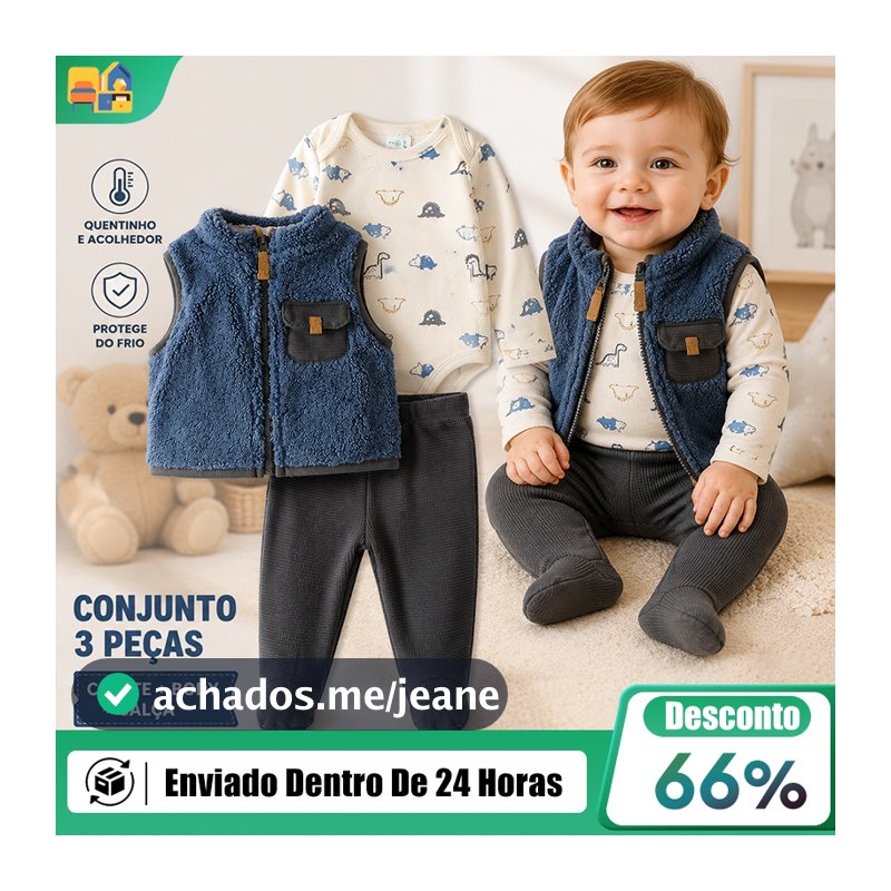 Roupa De Bebê Conjunto 3 Pçs Calça Body E Colete Forrado Infantil Masculino Quentinho