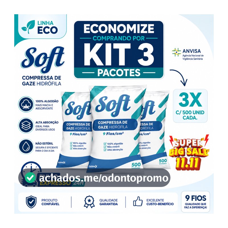 Kit 3 Compressa De Gaze 9 Fios 1500 Unidades Soft Hidrófila Gazes Descartável Anvisa