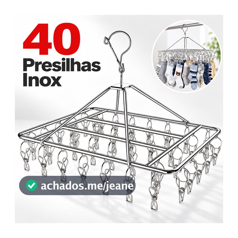 40 Clips Varal Dobrável Aço Inox Secagem Meias Cueca Calcinha Para Apartamento Compacto