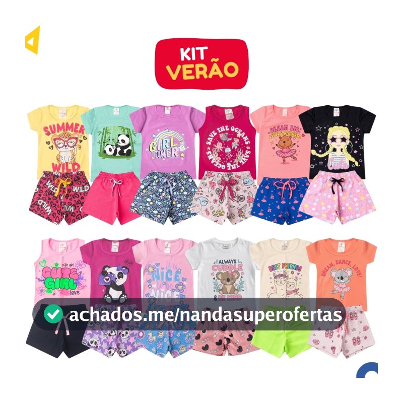 Kit Sortido 10 Peças Roupa Infantil Menina Conjunto Feminino Verão Algodão 5 Blusas + 5 Shorts do 1 ao 14