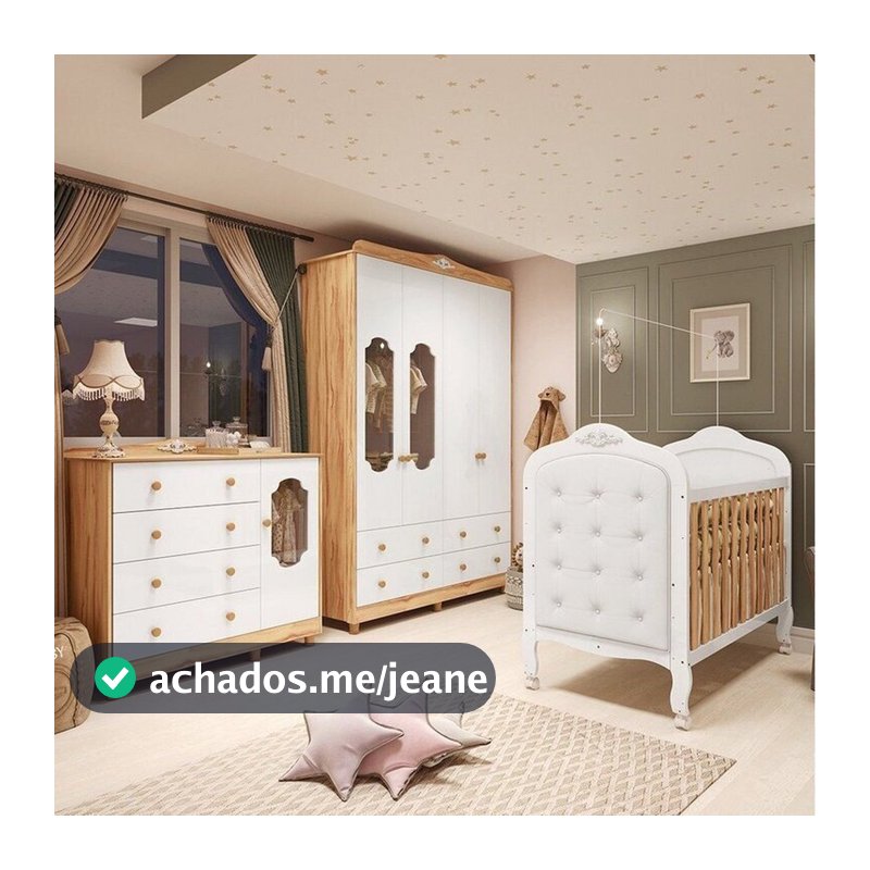Quarto de Bebê Berço 3 em 1 Capitonê, Guarda Roupa, Cômoda MDF Maya Provençal Yescasa Branco/Amêndoa Branco